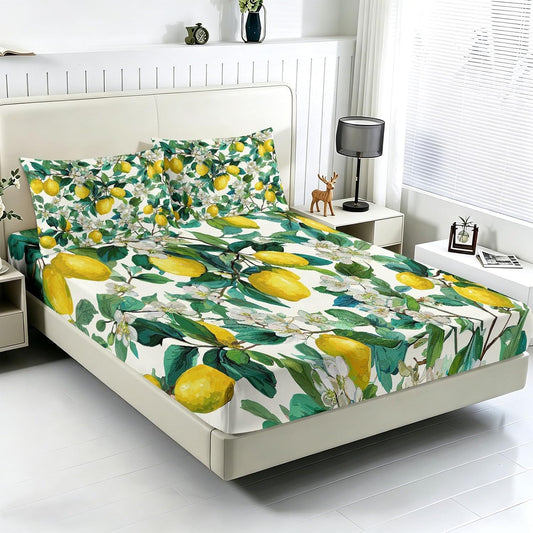 King Size Sheet Set Fruits Floral – 4 Piece Bed Sheets Fresh Yellow Lemons White Flowers, Soft Microfiber, Includes 1 Fitted Sheet, 1 Flat Sheet and 2 Pillowcases, for Guest Room, Yellow White