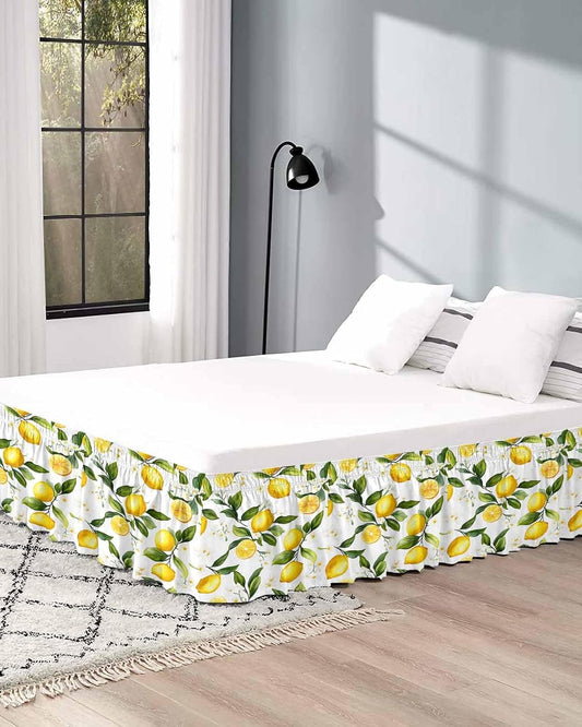 White Flowers Bed Skirt Queen Size 16 Inch Drop, Adjustable Elastic Wrap Around Bed Skirts Easy Fitting Dust Ruffle Bedskirt Bed Frame Cover Elegant Floral Yellow Lemon Fruit