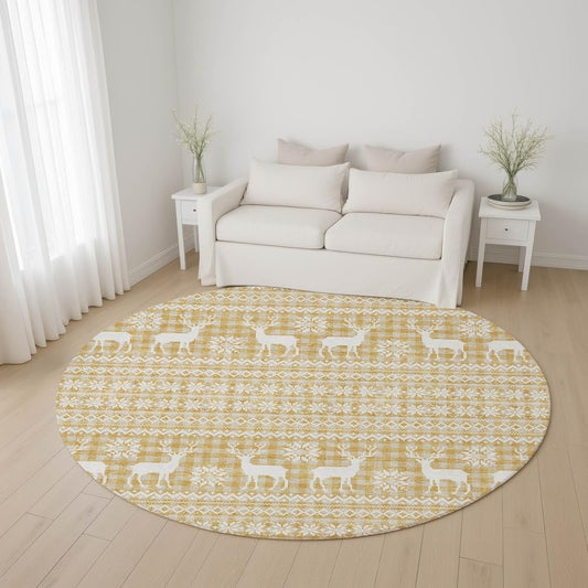 Holiday Festive Theme Soft Plush Thick Pile Christmas Area Rug Round 8' x 8' | Winter Cheer Xmas Playful Deer Snowflakes Plaid Patterns Gold Yellow White Color | Washable Nonslip Indoor Outdoor Rugs