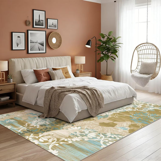 5x7 Area Rugs,Abstract Area Rugs, Modern Washable Non-Slip Rug for Living Room, Bedroom, Dining Room, Soft Low Pile Carpet, Neutral Decor for Home and Office,Abstract Floral - Yellow