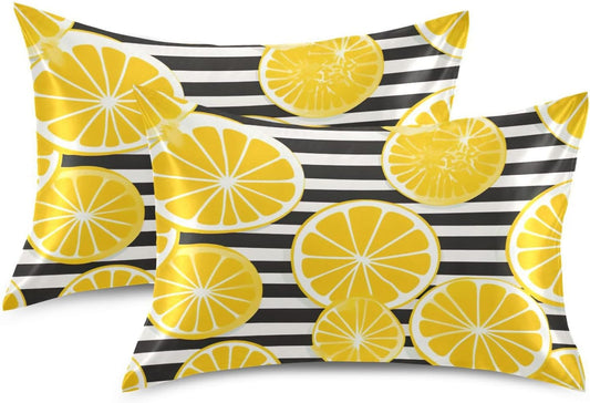 Yellow Lemon Striped Satin Pillowcase for Hair and Skin Body Bed Pillow Cases Standard Size 20"X26" Pillowcase Pillow Covers with Envelope Closure for Women Men