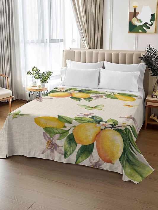 Flat Sheet, 1 Piece Top Sheet Twin Size Yellow Lemon Floral Soft Breathable Bed Sheet Watercolor Butterfly Purple Flower Retro Brushed Microfiber Bed Sheet, Wrinkle Resistant, Fade Resistant Bedding