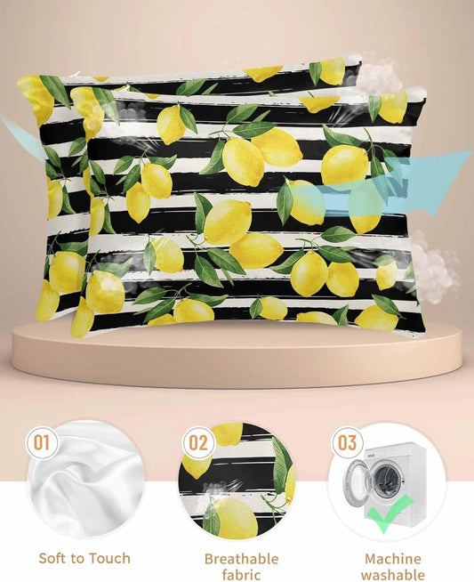 Yellow Lemons Pillow Cases Standard Size Set of 2, Summer Citrus Fruits Leaves Black Stripes Satin Pillowcase with Zipper for Hair/Skin, Decorative Pillow Covers for Bed/Couch/Sofa, 20x26 Inches