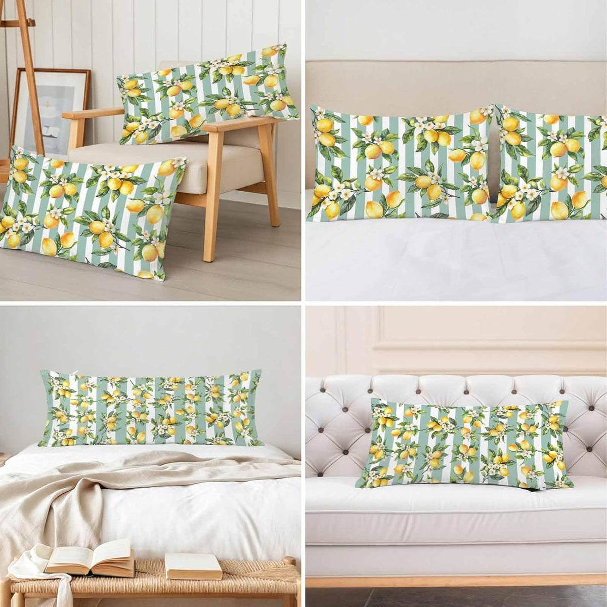 Yellow Lemon Pillow Cases Standard Size Set of 2, Spring Botanical Floral Leaves Aqua Stripes Satin Pillowcase with Zipper for Hair/Skin, Decorative Pillow Covers for Bed/Couch/Sofa, 20x26 Inches
