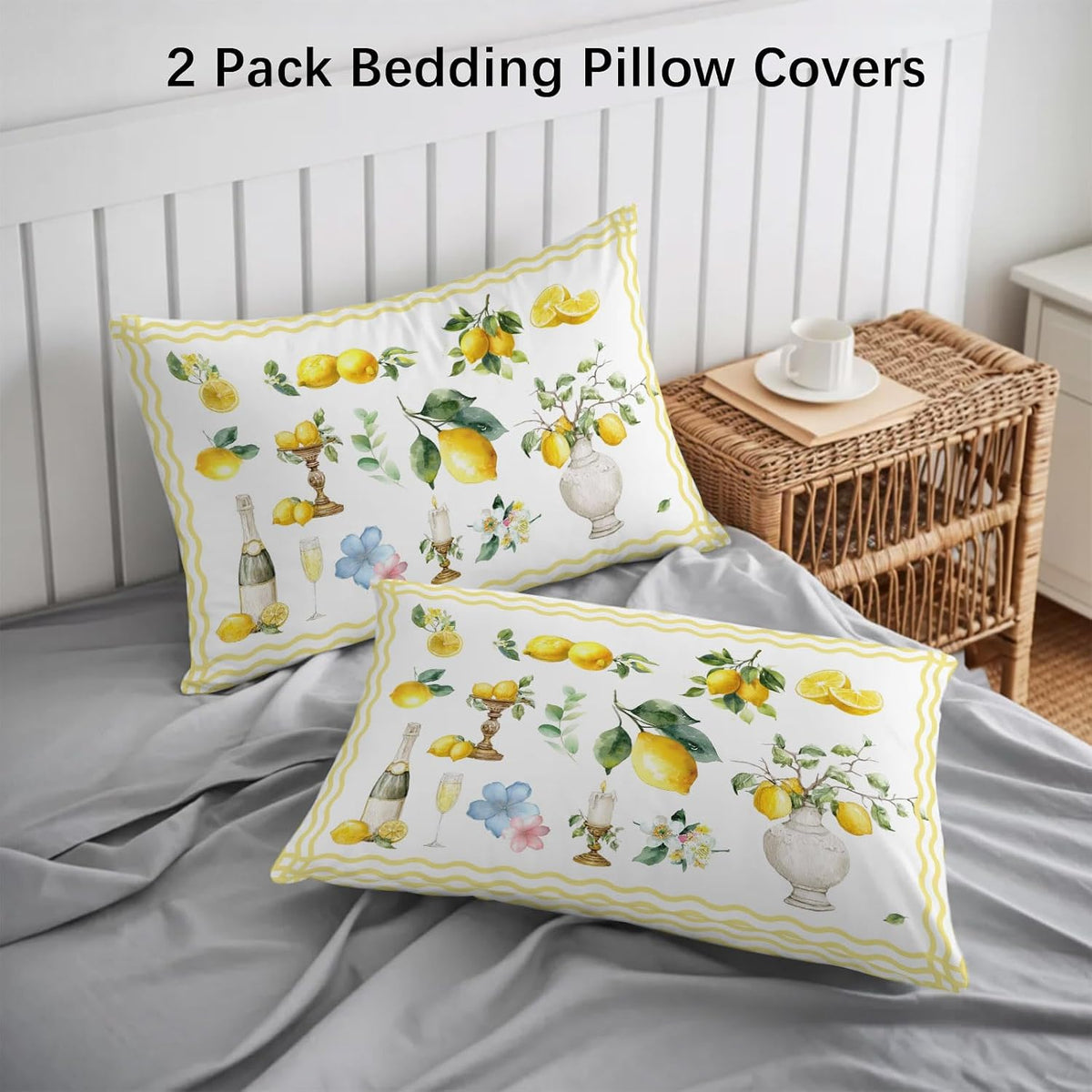 Boho Lemons Pillow Cases Standard Size Set of 2 - Microfiber Bed Throw Pillow Covers, Summer Yellow Fruits Flowers Leaf Stripe Decorative Lumbar Pillow Cover with Envelope Closure for Sofa 20"x26"