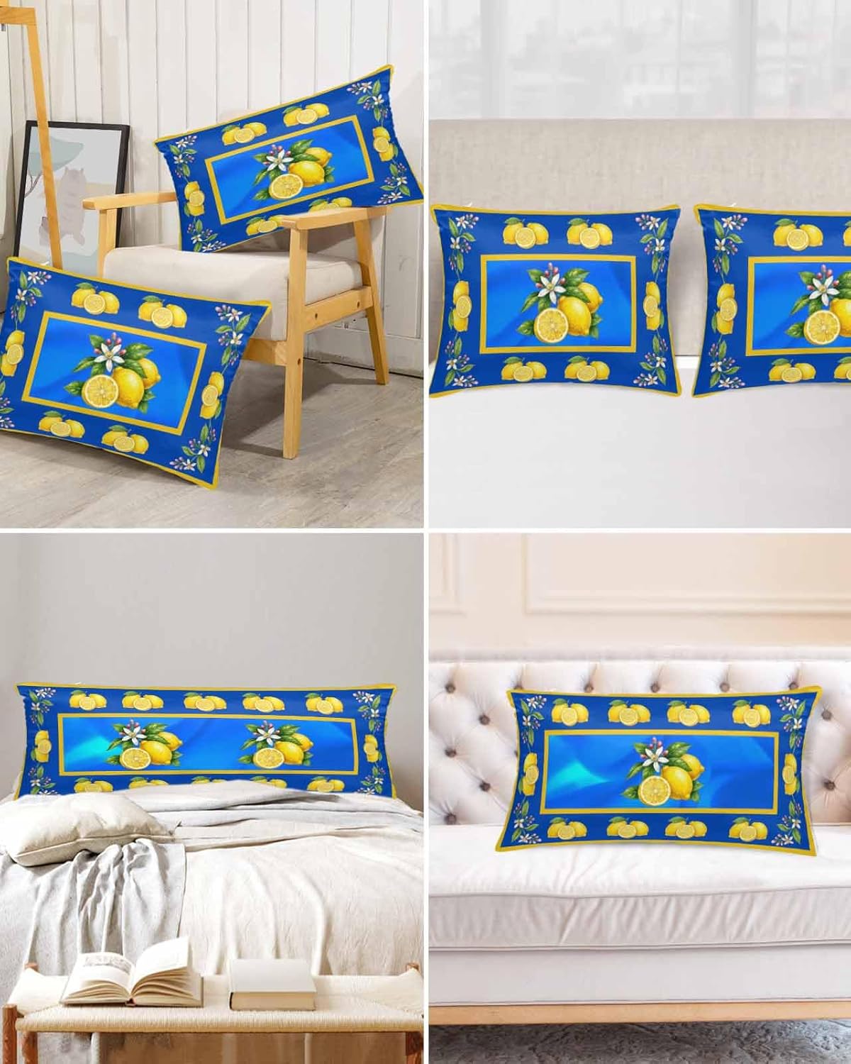 Satin Pillowcases Queen Size, Yellow Lemons Silk Pillow Cases for Hair and Skin with Zipper 2 Pack, Summer Botanical Blue Modern Art Smooth Throw Pillow Covers for Sleeping, 20"x30"