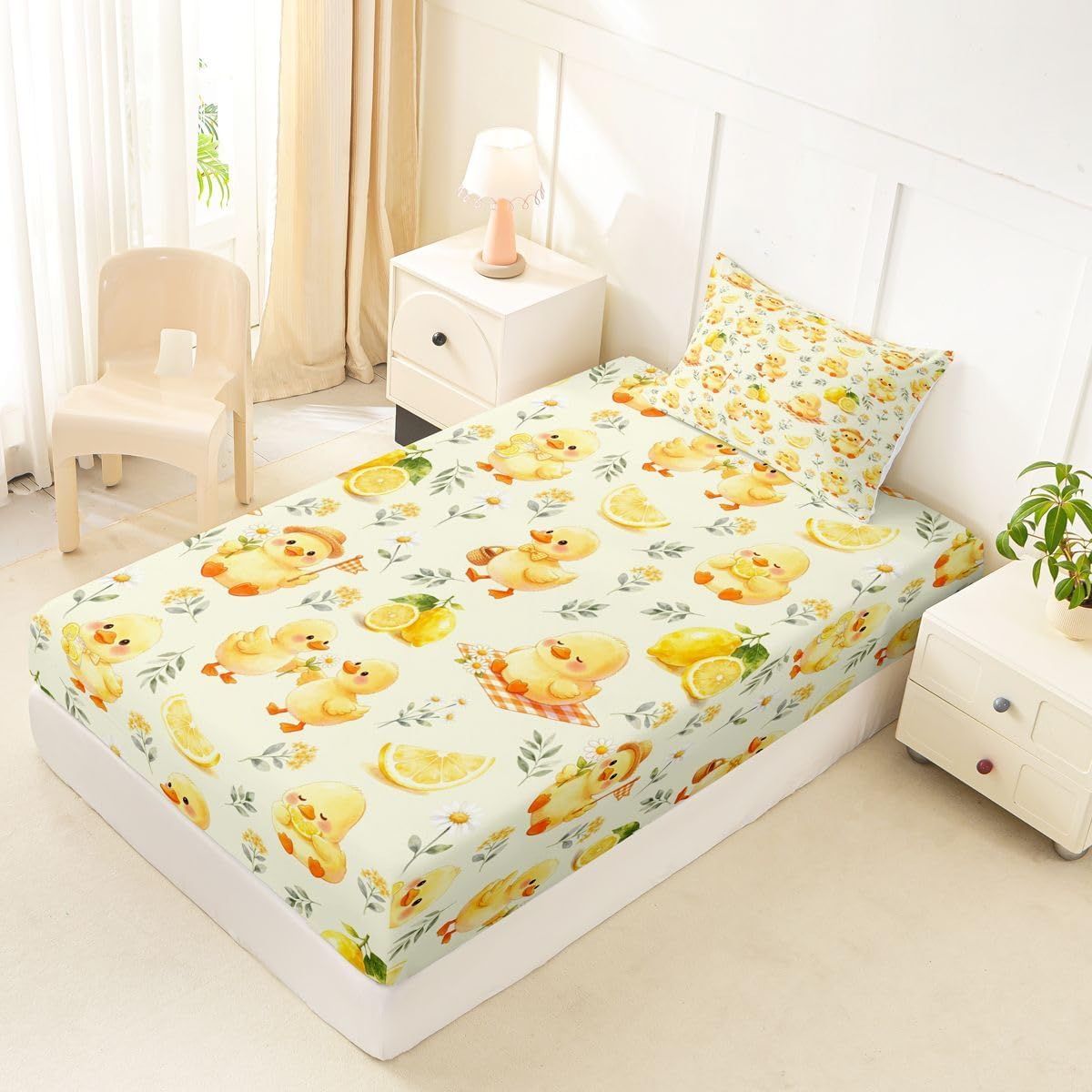 Kawaii Yellow Duck Bedding Set Twin Cute Cartoon Rubber Duck Fitted Sheet Rustic Daisy Floral Bed Sheets for Kids Boys Girls,Summer Fruit Lemon Bed Cover 2 Pcs