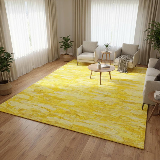 Minimalist Abstract Oil Painting Texture Livingroom Rugs 4x6 Modern Bright Yellow Art Deco Aesthetic Area Rug for Bedroom Dining Room Soft Washable Non Skid Big Carpet Thin Entryway Floor Mats
