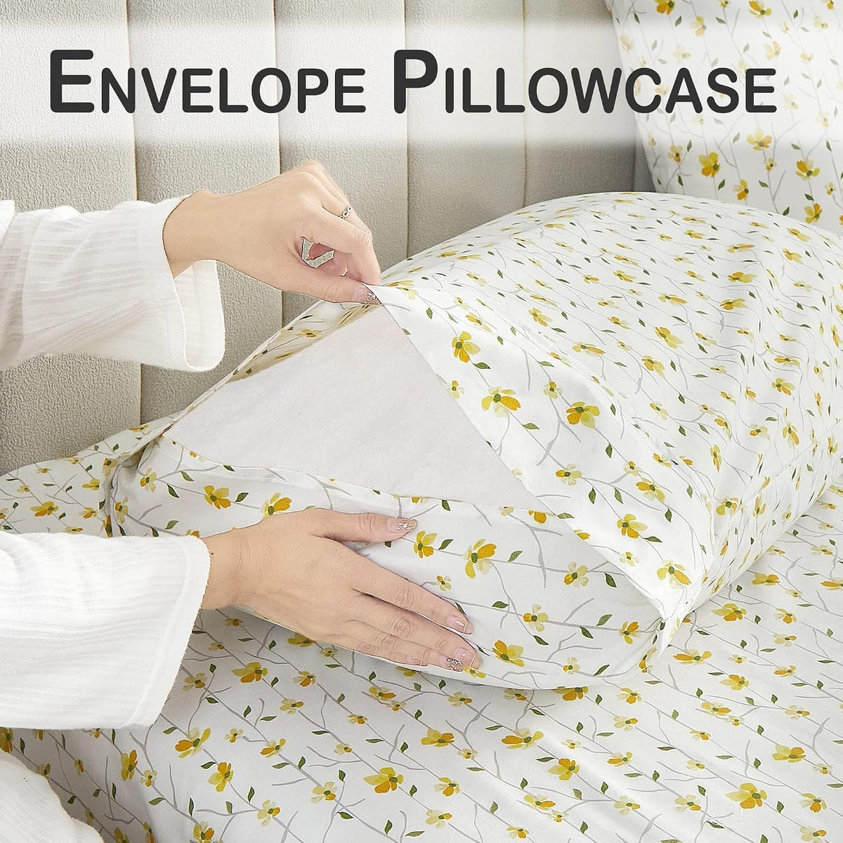 Yellow Floral Bed Sheets Full Flower Printed Sheets - Patterned Microfiber Fitted Sheets Full with 15" Deep Pocket & Non-Slip Straps, Cute Flower Sheets & Pillowcase Set