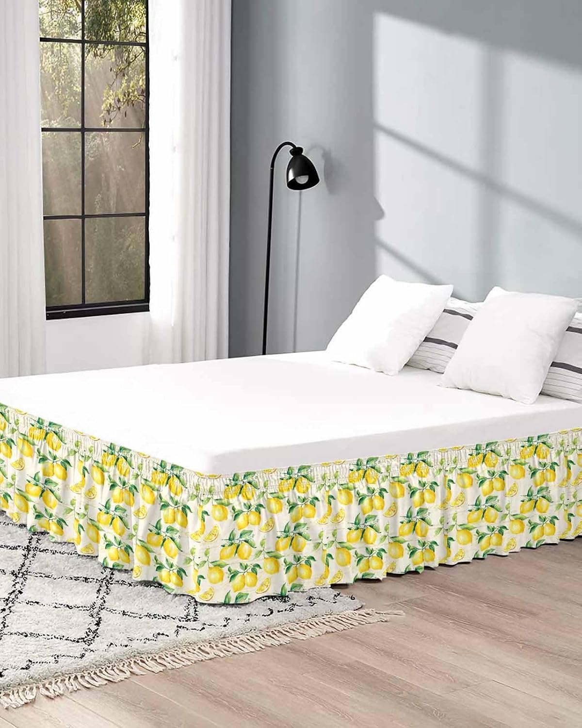 Yellow Lemon Bed Skirt Queen Size 16 Inch Drop, Adjustable Elastic Wrap Around Bed Skirts Easy Fitting Dust Ruffle Bedskirt Bed Frame Cover Summer Fruit Green Retro Farmhouse Leaf