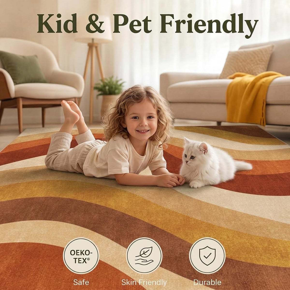 5x7 Burnt Orange and Mustard Abstract Wavy Washable Area Rug