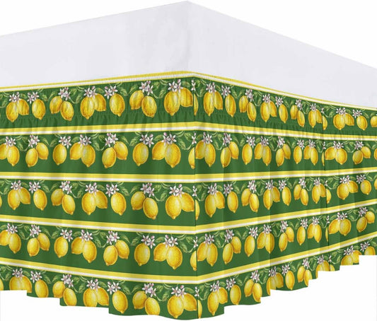 Summer Lemons Bed Skirt Queen Size 16" Drop Yellow Fruit Leaf Striped Green Background Ruffled Wrap Around Bed Skirts Adjustable Elastic Bedskirt Dust Ruffle for Queen King California King Bed