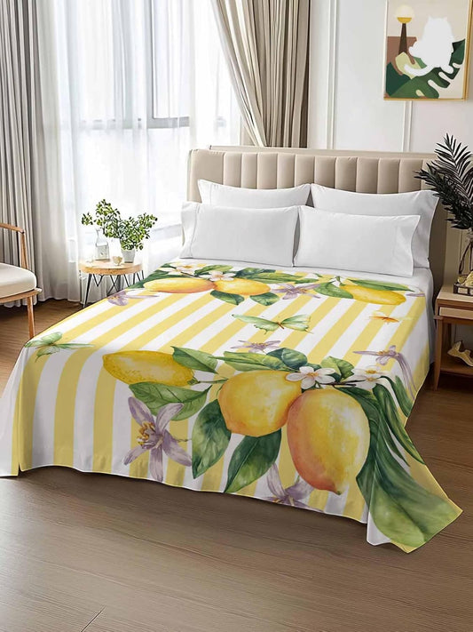 Twin Flat Sheet Only Bed Sheets Lemon Fruits Floral Leaves Microfiber Breathable Bedding Flat Sheet, Yellow Stripes Soft Top Sheets for Bedroom Living Room Sofa