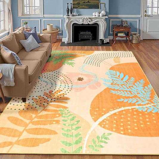 Faux Wool Boho Floral Area Rug 4x6, Modern Yellow Abstract Print Soft Carpet, TPR Non-Slip Backing, Machine Washable Low Pile Rug for Bedroom, Living Room, Kids Room, Playroom, Office