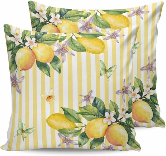 Lemon 2PCS Throw Pillow Covers for Couch Sofa Bed, Butterfly Flower Yellow Stripes Pillow Covers 18x18 inch, Standard Pillowcases Set Decorative Cushion Covers for Living Room Bedroom