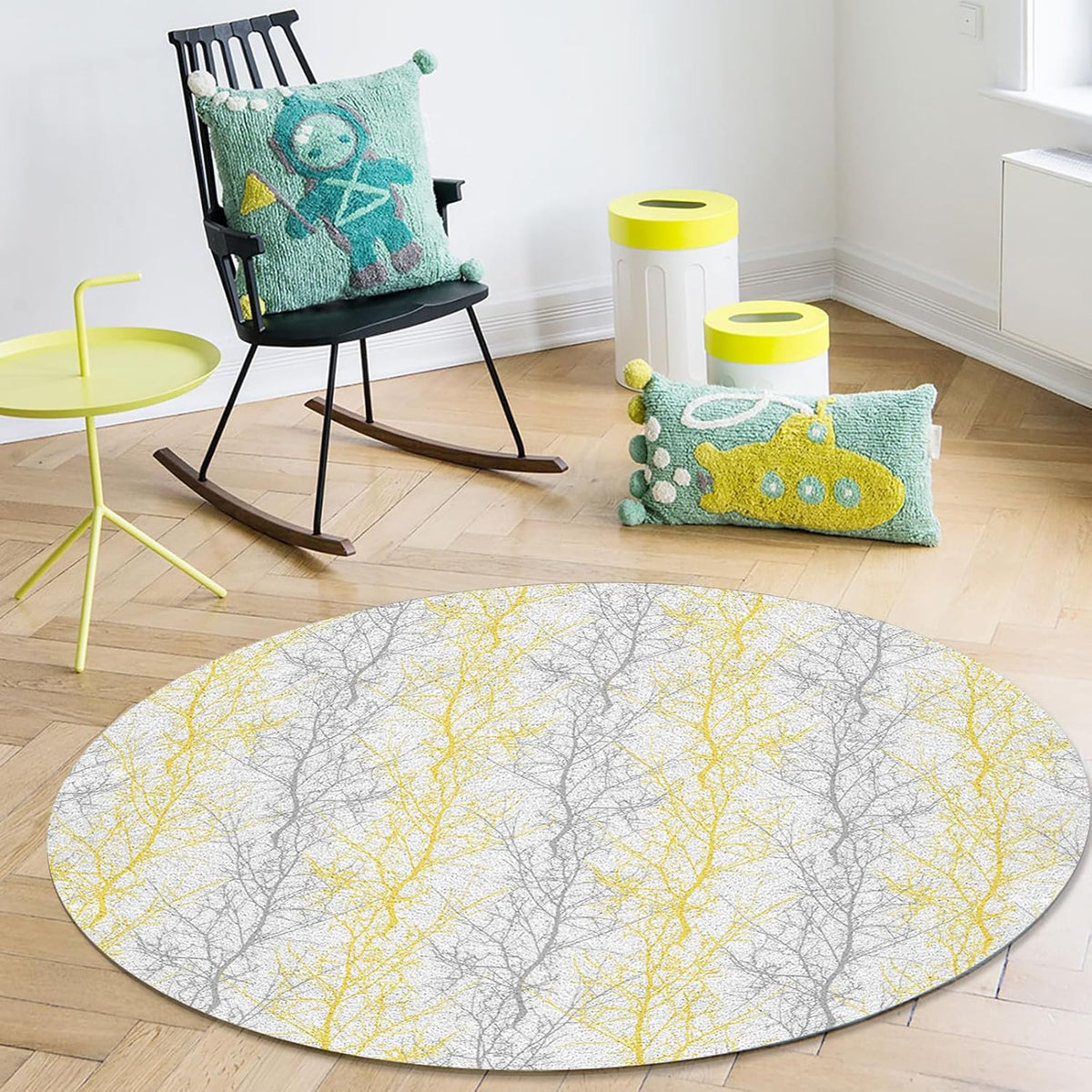 Forest Branch Round Area Rug 4ft,Washable Outdoor Indoor Carpet Runner Rug for Bedroom,Kitchen,Bathroom,Living/Dining/Laundry Room,Office,Area+Rug Large Bath Door Mat Winter Tree Geometric Yellow Grey
