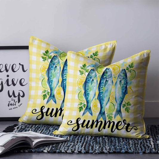 Summer Fish 2PCS Throw Pillow Covers for Couch Sofa Bed, Farmhouse Yellow Lemon Stripes Pillow Covers 18x18 inch, Standard Pillowcases Set Decorative Cushion Covers for Living Room Bedroom