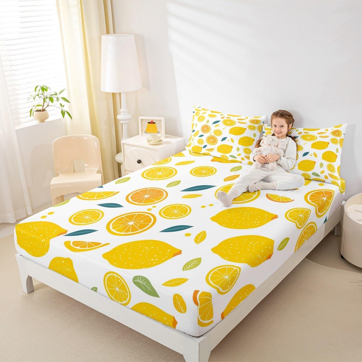 Cute Lemon Kids Bed Sheets Set,Boys Girls Twin Size,Fun Vegetable Fitted Sheet,Cartoon Farmhouse Lifestyle Design Ultra Soft Bedding Set,Yellow Large Lemon Bed Cover Bedroom Decor