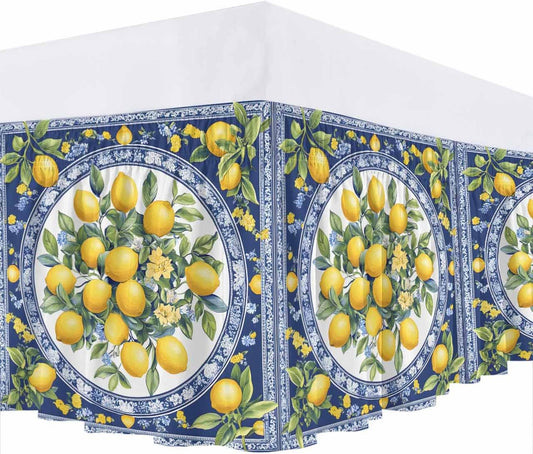 Bed Skirt Yellow Lemons Leaves Summer Blue Texture Ruffle Bed Skirt Wrap Around Bed Skirts for Queen Beds 16" Drop,Adjustable Elastic Dust Ruffles Easy Fit and Wrinkle-Free